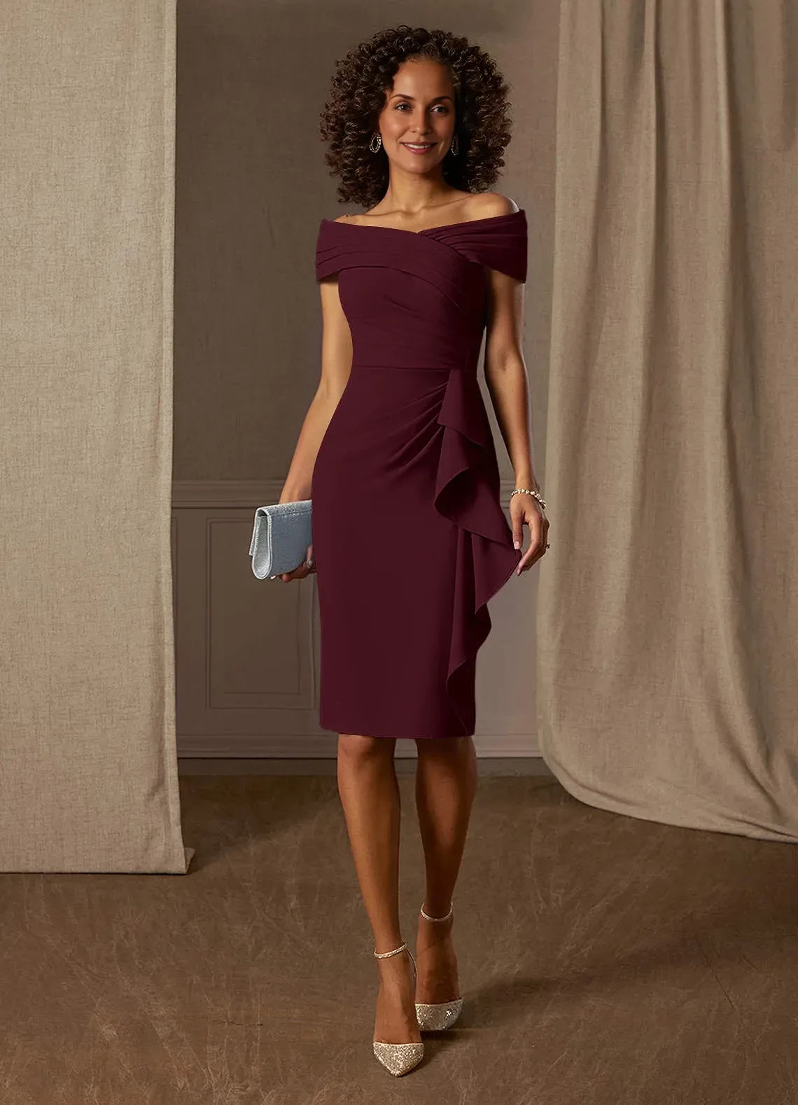 Sophisticated Sheath Off Shoulder Sleeveless Zipper Back Knee Length Mother of the Bride Dress