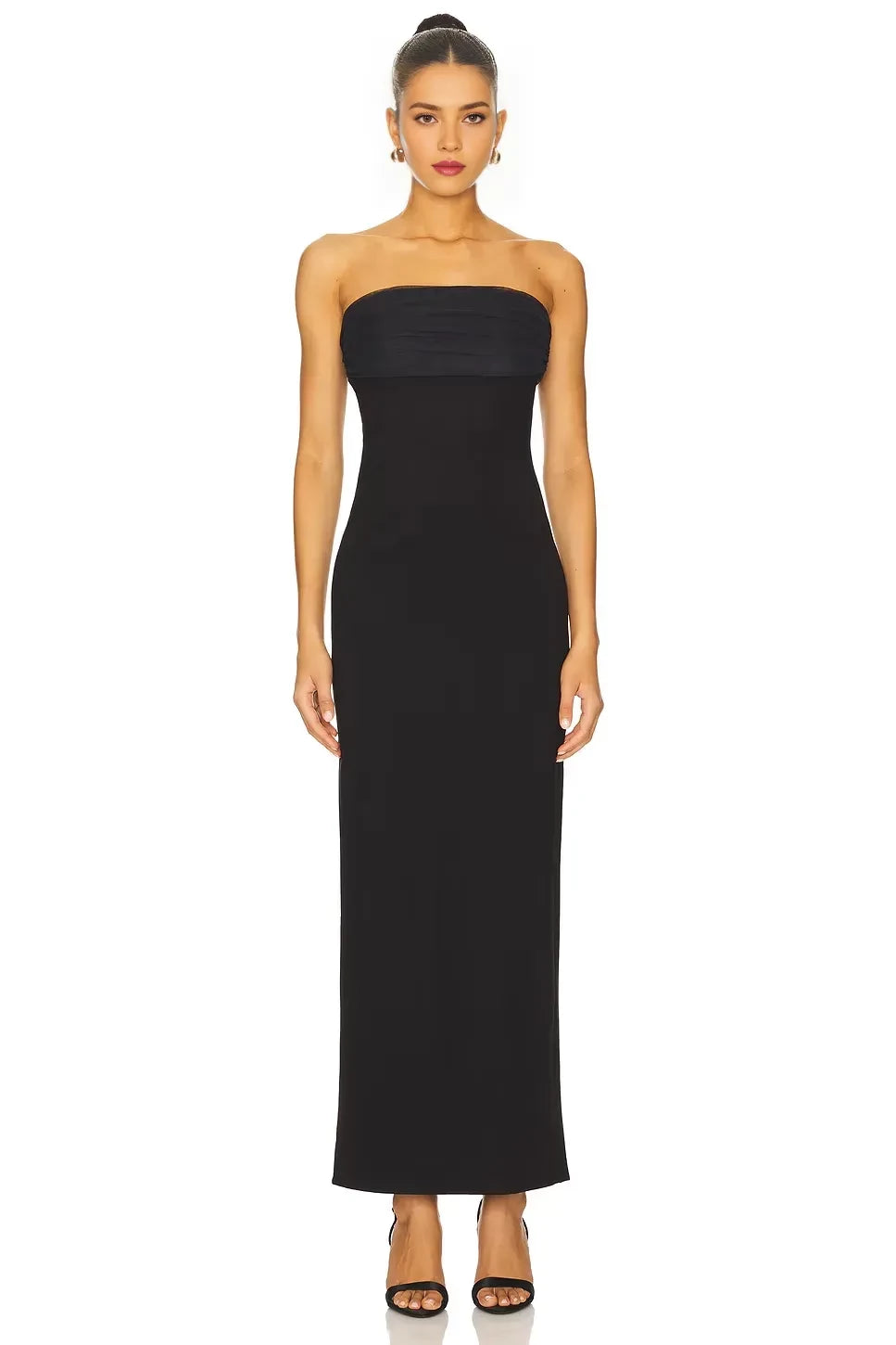 Sophisticated Sheath Strapless Draped Back Slit Front Floor Length Evening Dress
