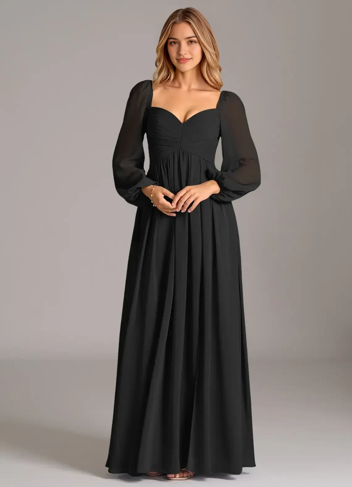 Sophisticated Sheath Sweetheart Neck Puff Long Sleeve Open Back Floor Length Bridesmaid Dress