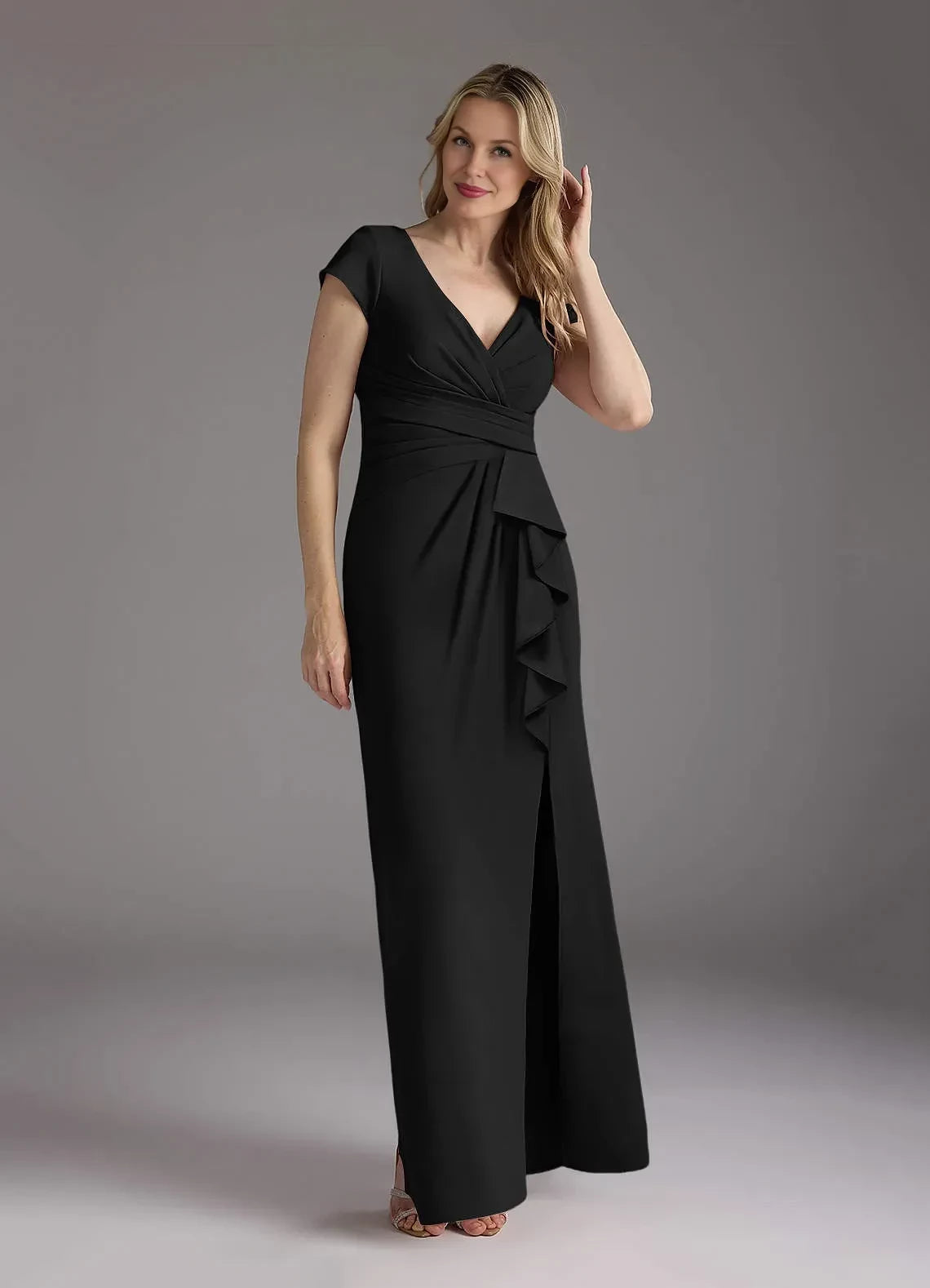Sophisticated Sheath V Neck Cap Sleeve Zipper Back Floor Length Mother of the Bride Dress