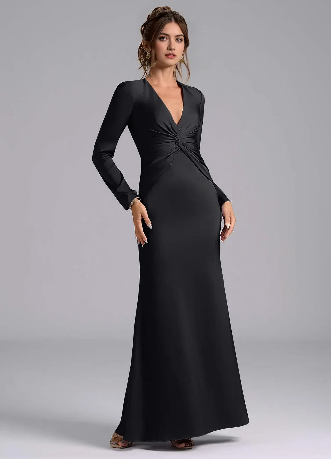 Sophisticated Sheath V Neck Long Sleeve Zip Back Floor Length Bridesmaid Dress