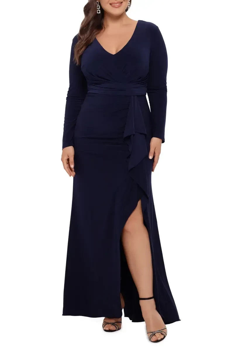 Sophisticated Sheath V Neck Long Sleeve Zipper Back Floor Length Plus Size Evening Dress