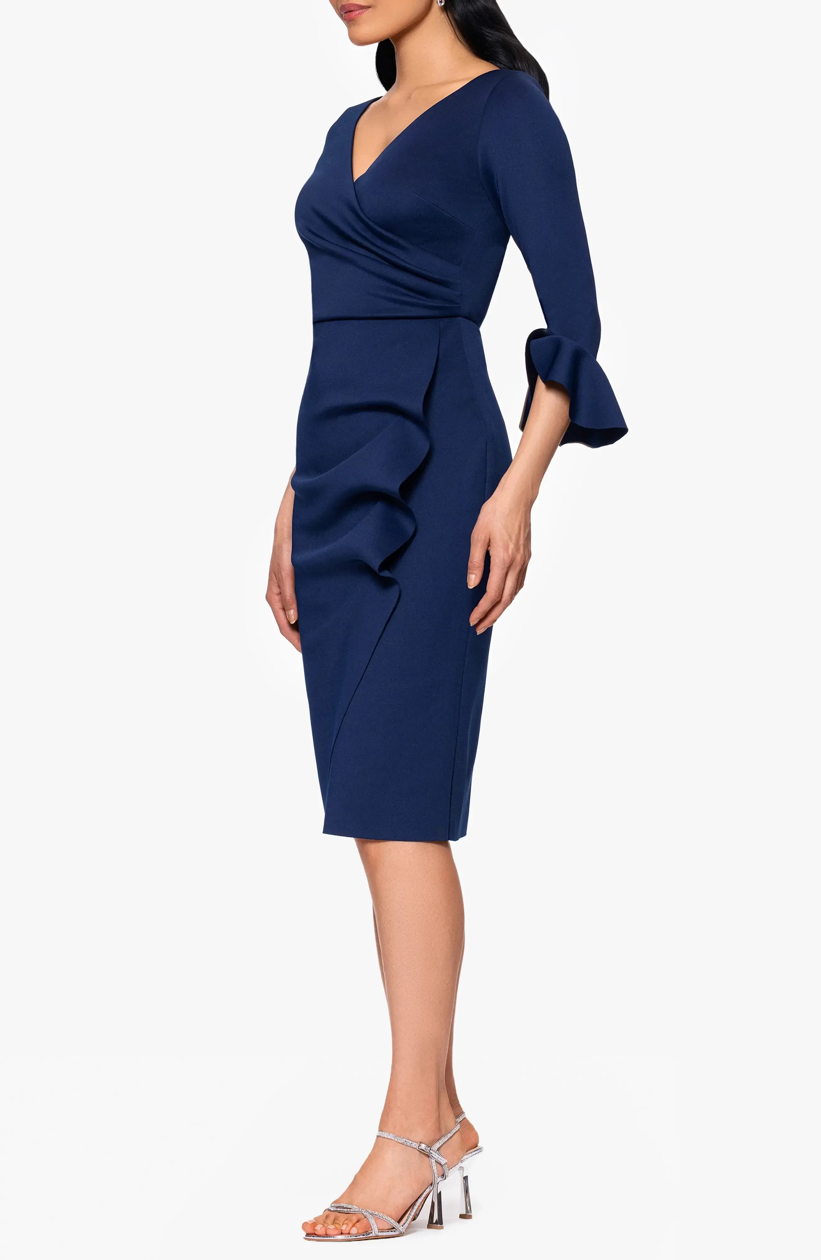 Sophisticated Sheath V Neck Ruffle Three Quarter Sleeve Solid Back Midi Evening Dress