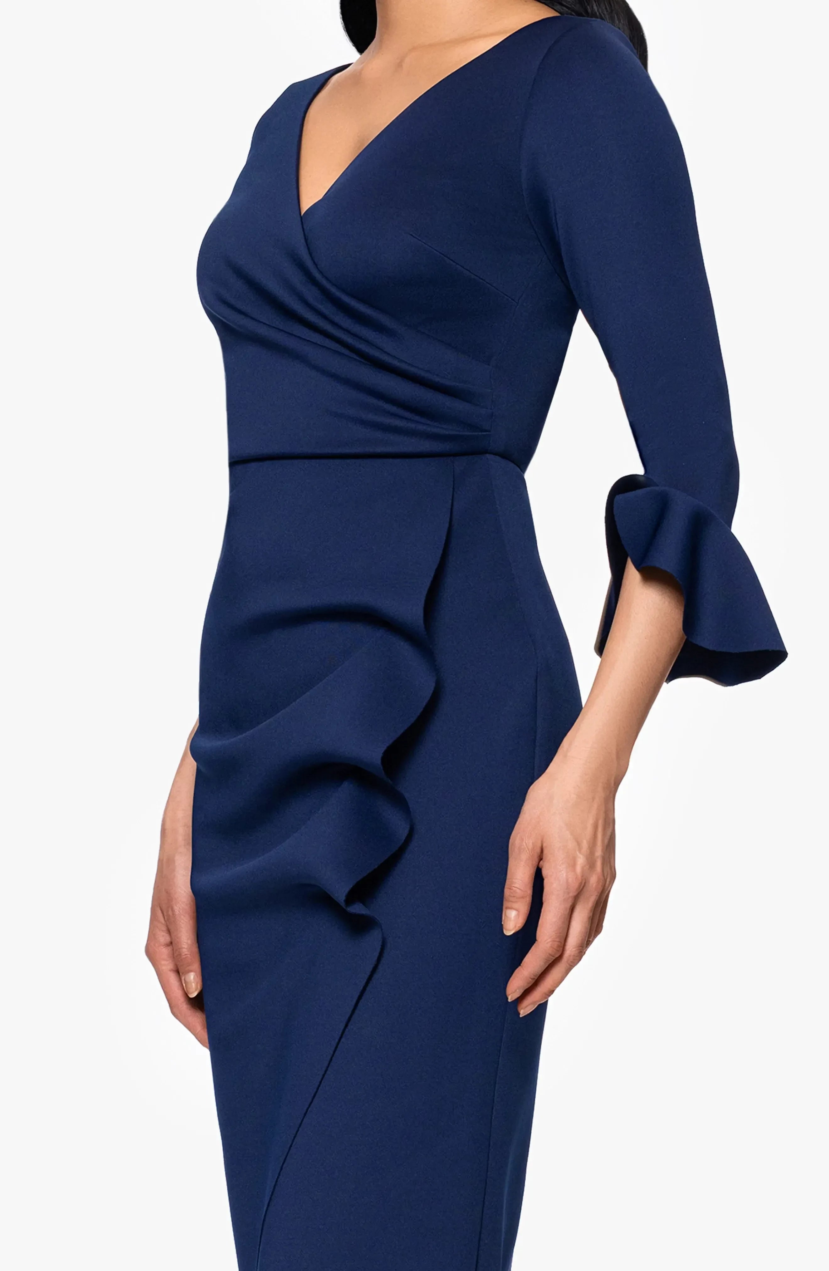 Sophisticated Sheath V Neck Ruffle Three Quarter Sleeve Solid Back Midi Evening Dress