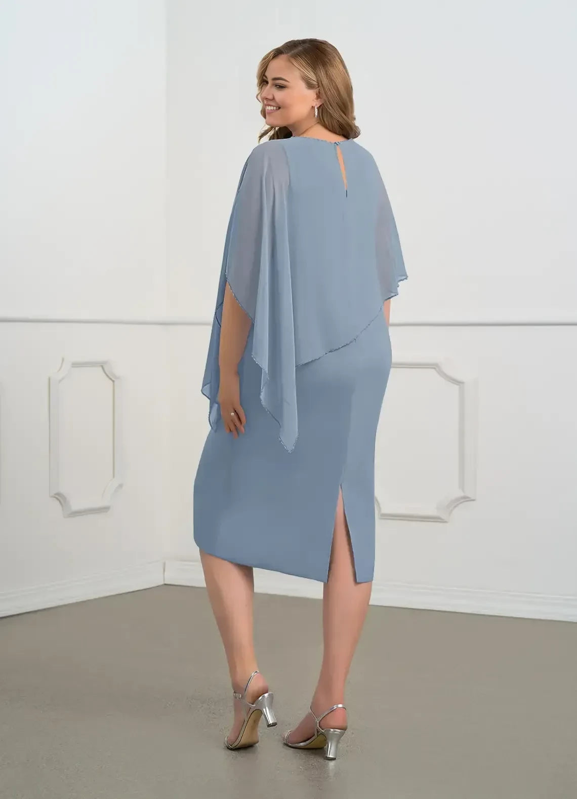 Sophisticated Shift Crew Neck Cape Sleeve Keyhole Back Plus Size Knee Length Mother of the Bride Dresses