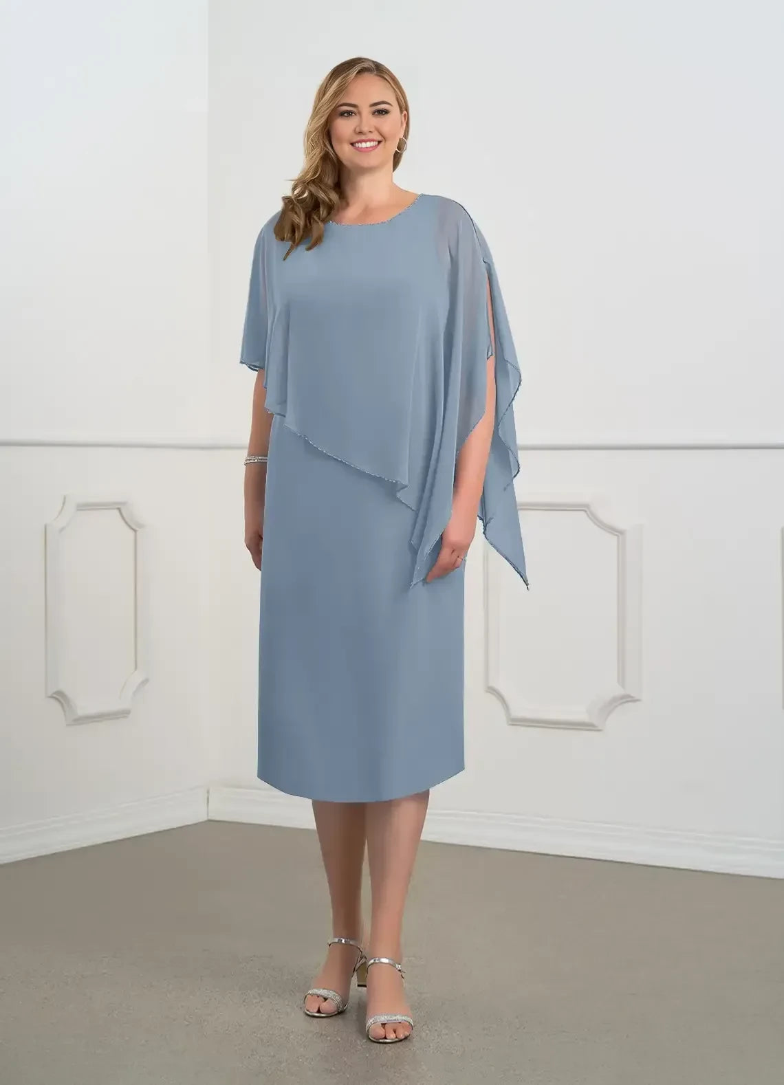 Sophisticated Shift Crew Neck Cape Sleeve Keyhole Back Plus Size Knee Length Mother of the Bride Dresses