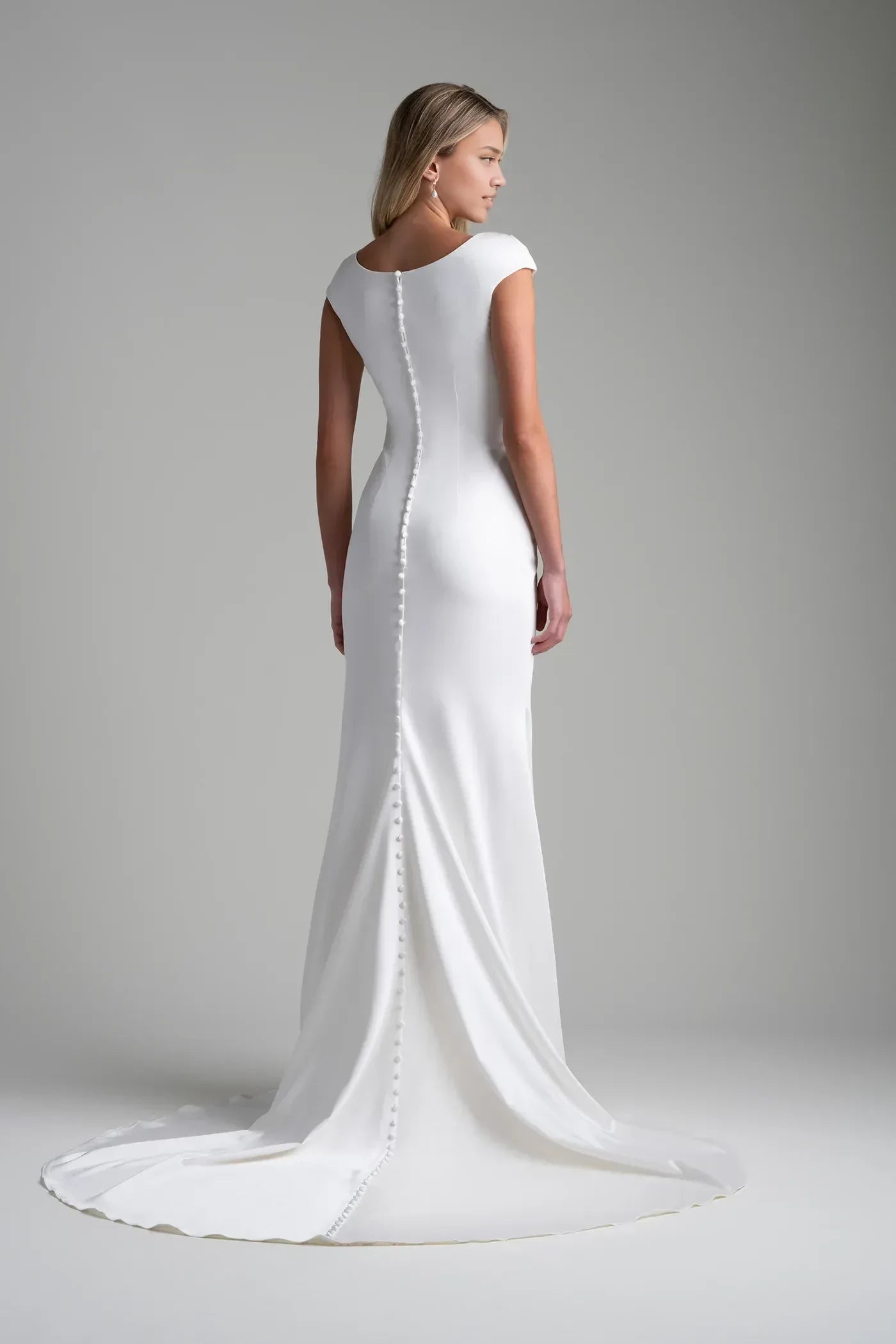 Sophisticated Trumpet Cowl Neck Cap Sleeve Button Back Floor Length Wedding Dress