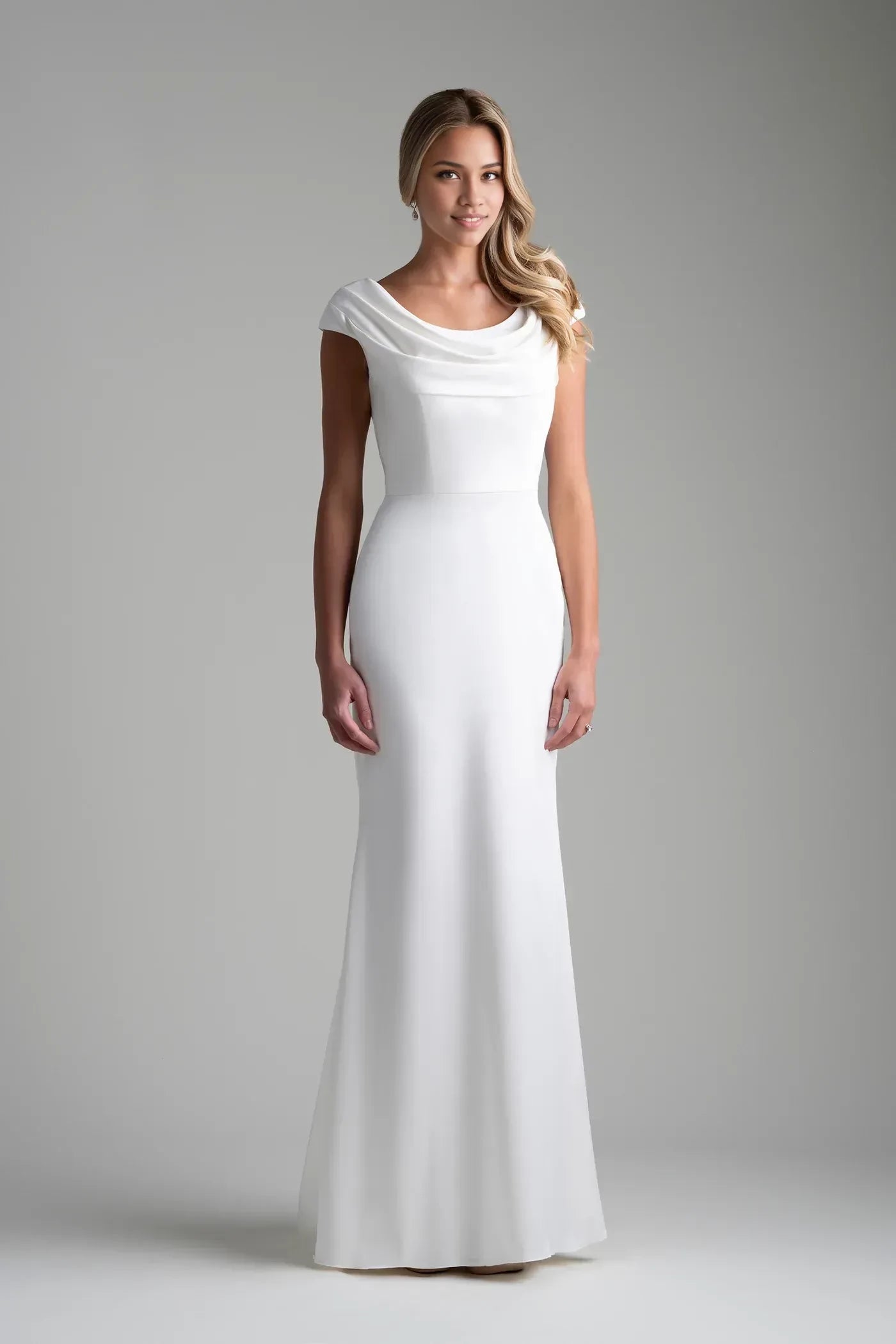 Sophisticated Trumpet Cowl Neck Cap Sleeve Button Back Floor Length Wedding Dress