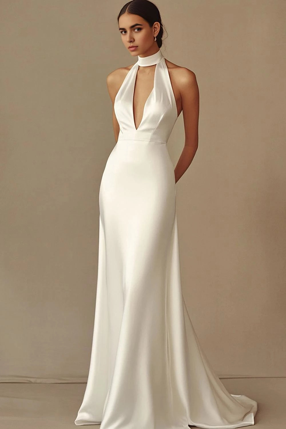 Sophisticated Trumpet Halter Deep V Neck Sleeveless Open Back Floor Length Wedding Dress