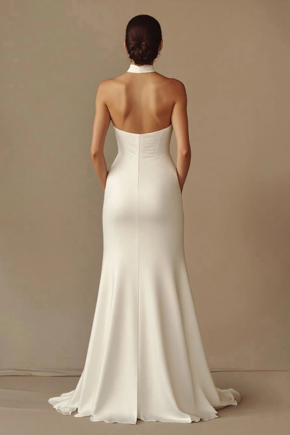 Sophisticated Trumpet Halter Deep V Neck Sleeveless Open Back Floor Length Wedding Dress
