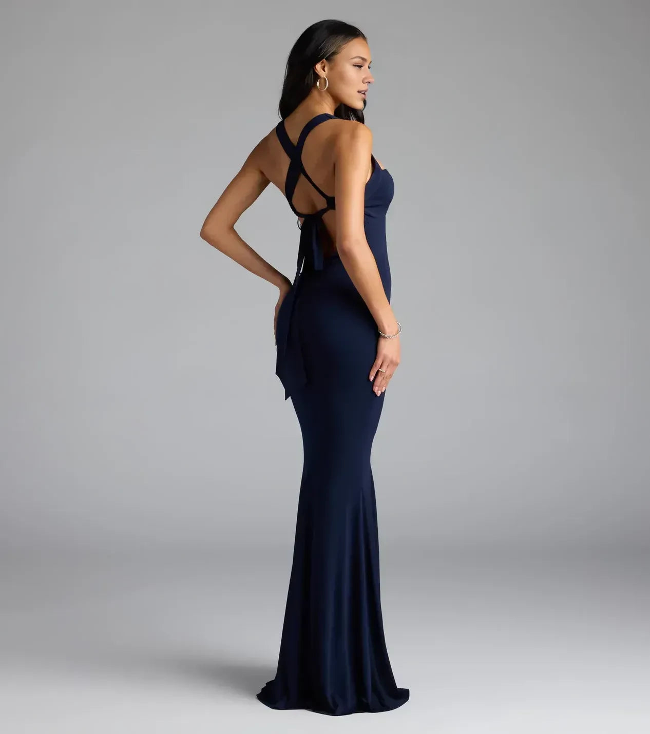 Sophisticated Trumpet Square Neck Sleeveless Criss Cross Back Floor Length Prom Dress