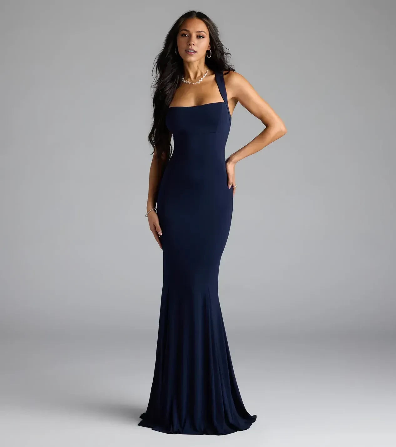 Sophisticated Trumpet Square Neck Sleeveless Criss Cross Back Floor Length Prom Dress