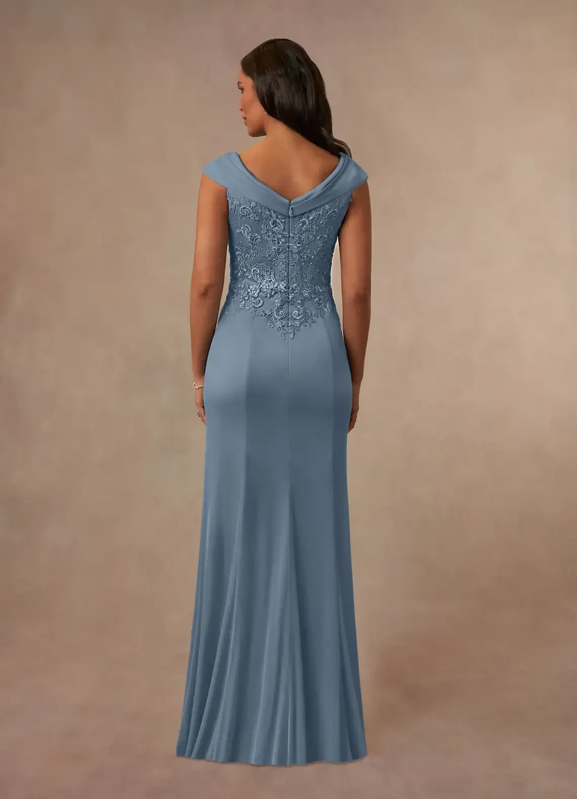 Sophisticated Trumpet V Neck Cap Sleeve Lace Back Floor Length Mother of the Bride Dress