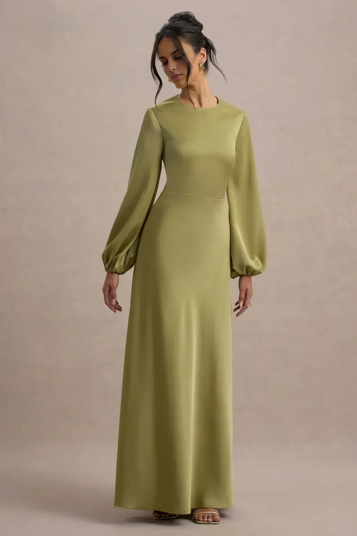 Sophisticated Sheath Mock Neck Puff Sleeve Cutout Back Floor Length Evening Dress