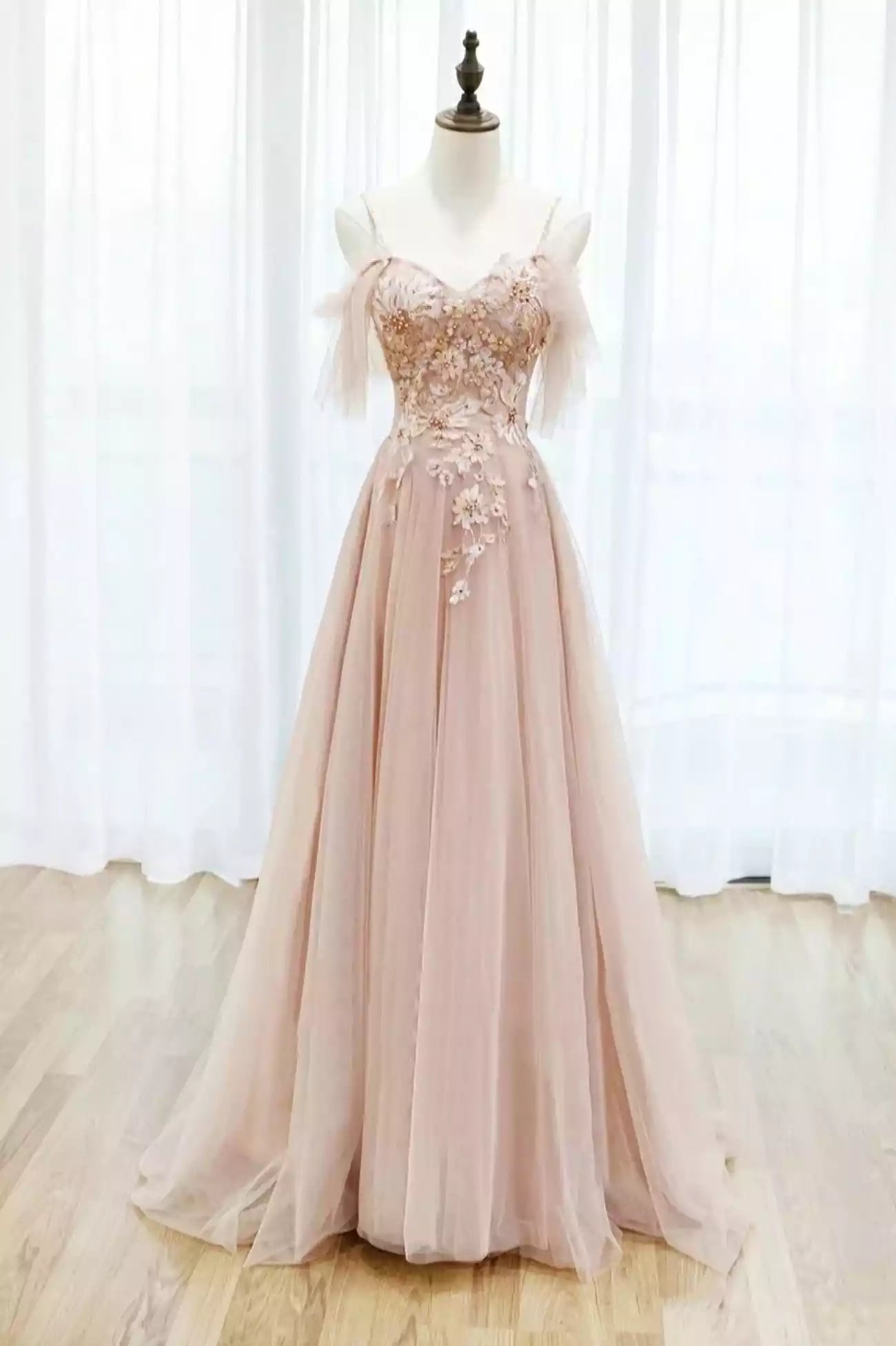 Spaghetti Strap Pink Tulle Lace Long A-Line Prom Dress Formal Evening Dress