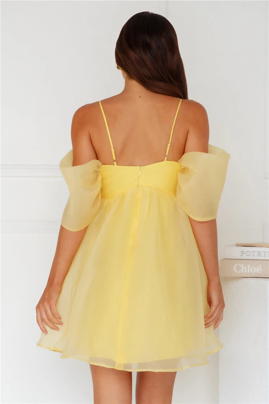 Spaghetti Strap Sleeveless A-Line Romantic Off the shoulder Short Party Dress Hot Sale For Female