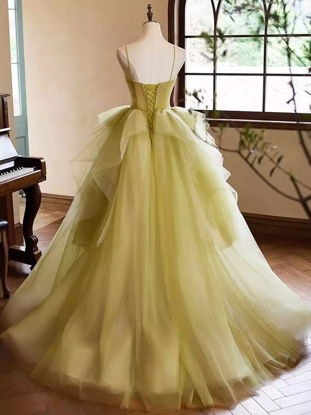 Spaghetti Straps Backless Beautiful Green Ruffle A-Line Prom Dresses Formal Dresses