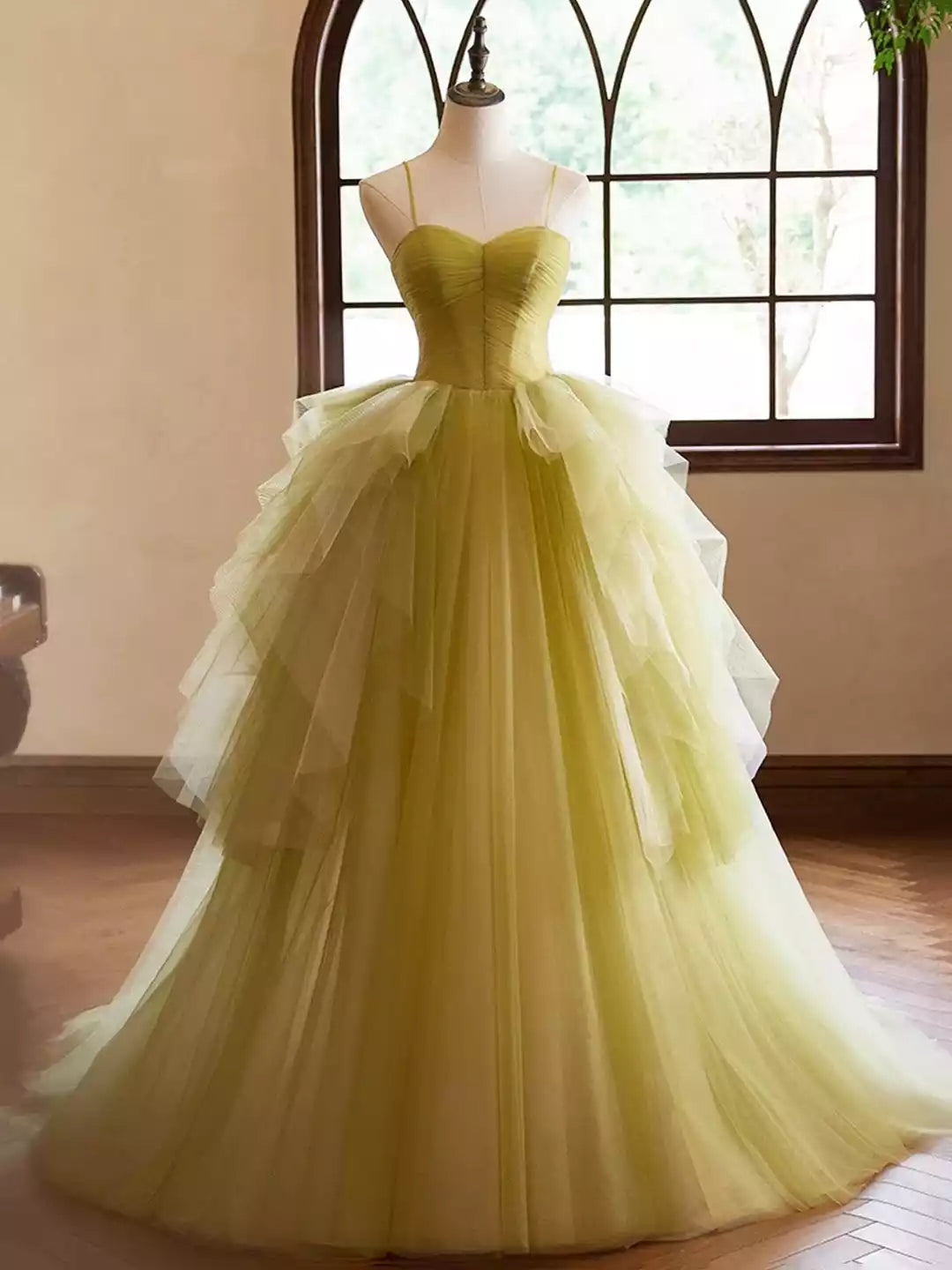 Spaghetti Straps Backless Beautiful Green Ruffle A-Line Prom Dresses Formal Dresses