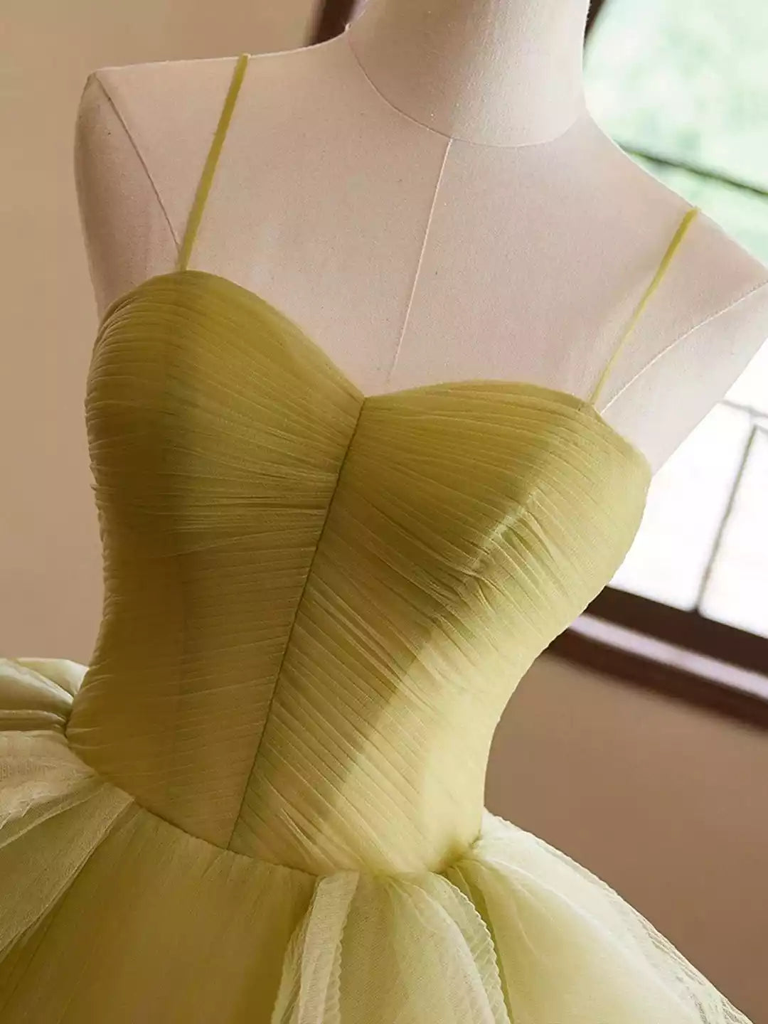 Spaghetti Straps Backless Beautiful Green Ruffle A-Line Prom Dresses Formal Dresses