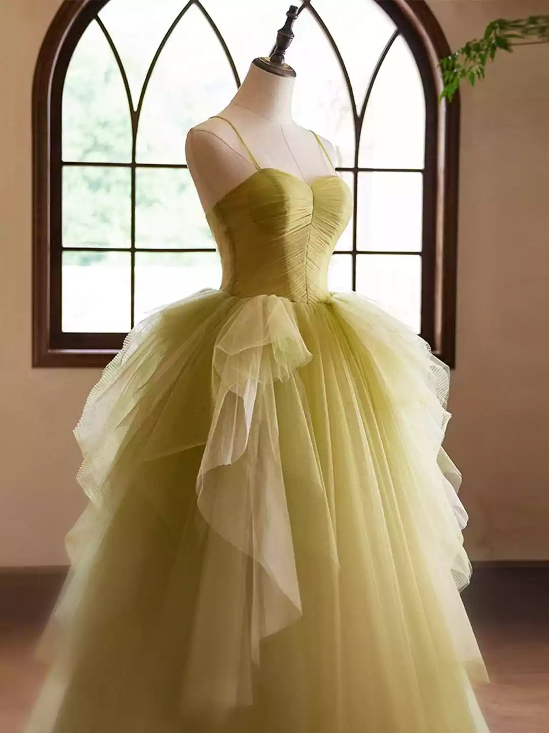 Spaghetti Straps Backless Beautiful Green Ruffle A-Line Prom Dresses Formal Dresses