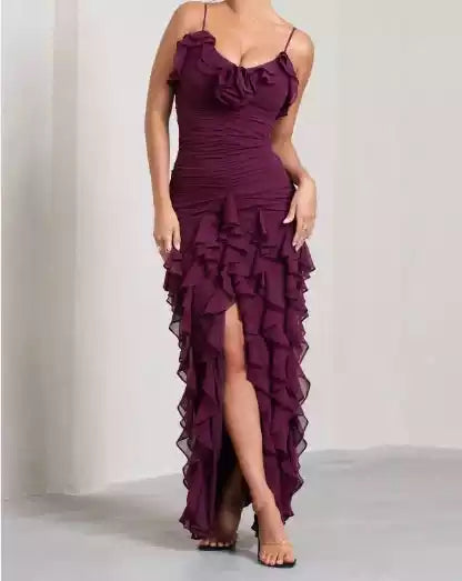 Spaghetti Straps Chiffon Floor Length Prom Dress Burgundy Evening Party Dress