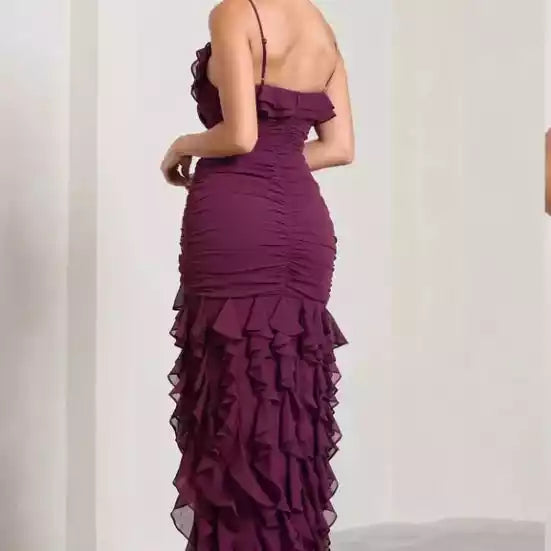 Spaghetti Straps Chiffon Floor Length Prom Dress Burgundy Evening Party Dress