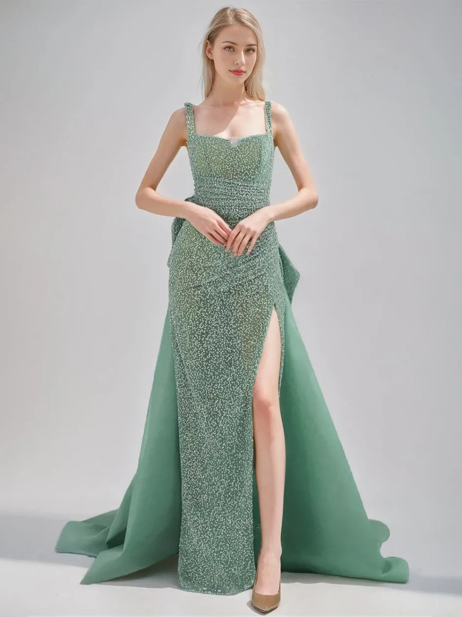 Spaghetti Straps Princess Backless Sequined Evening Dresses with High Slit Bow Tulle