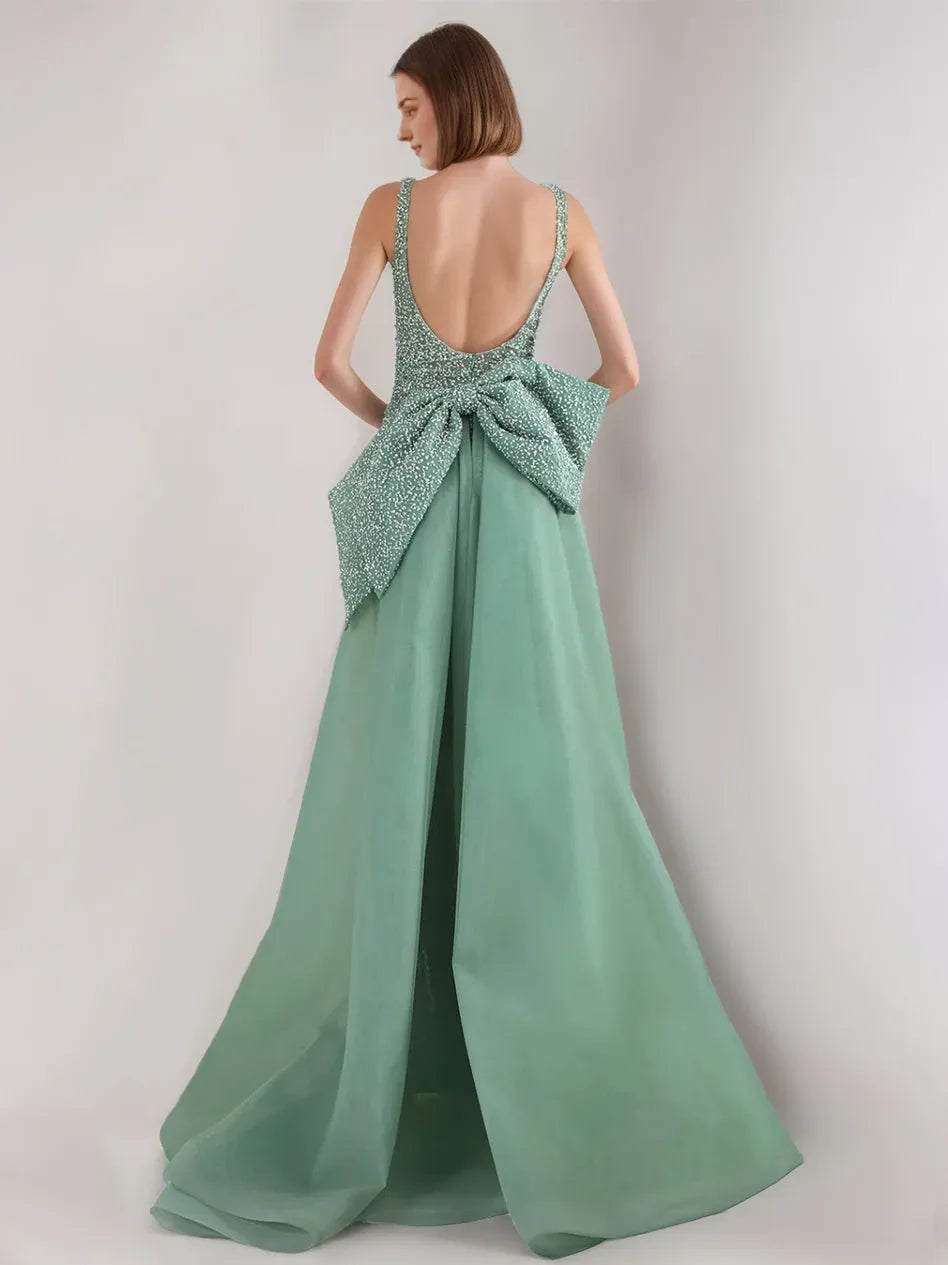 Spaghetti Straps Princess Backless Sequined Evening Dresses with High Slit Bow Tulle