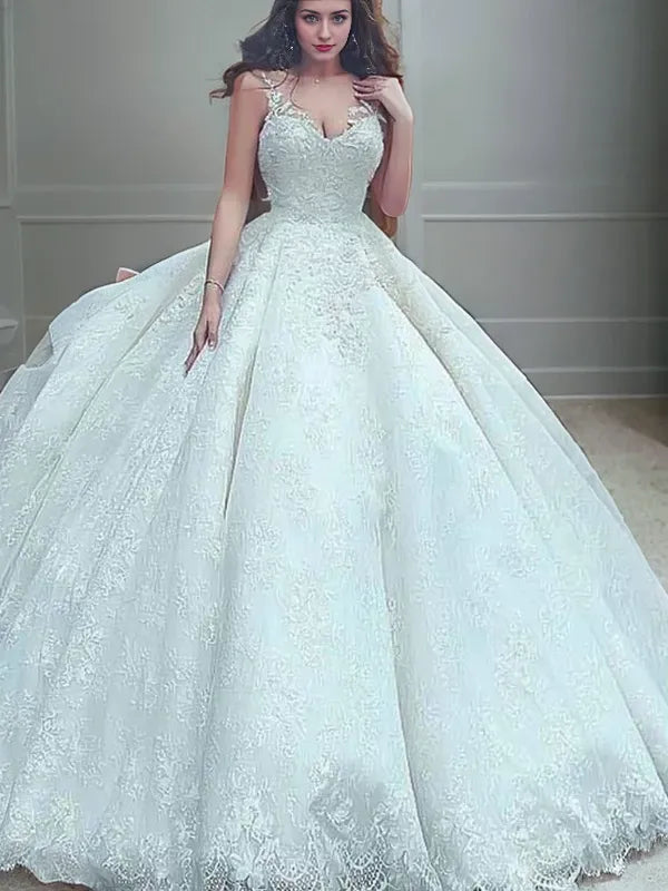 Spaghetti Straps Sleeveless Ball Gown Sweep Train Lace Tulle Wedding Dresses