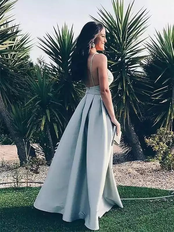 Spaghetti Straps Sleeveless Floor-Length With Ruffles Satin Dresses Prom Dress