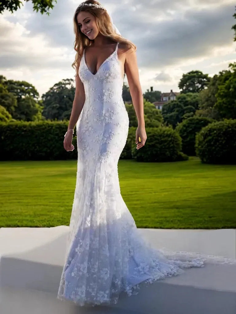 Spaghetti Straps Sleeveless Mermaid Lace Court Train Lace Wedding Dresses