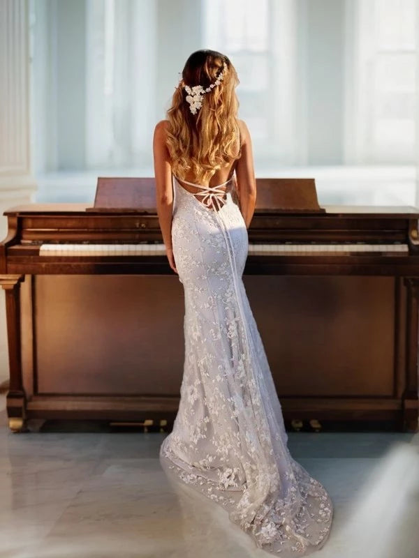 Spaghetti Straps Sleeveless Mermaid Lace Court Train Lace Wedding Dresses