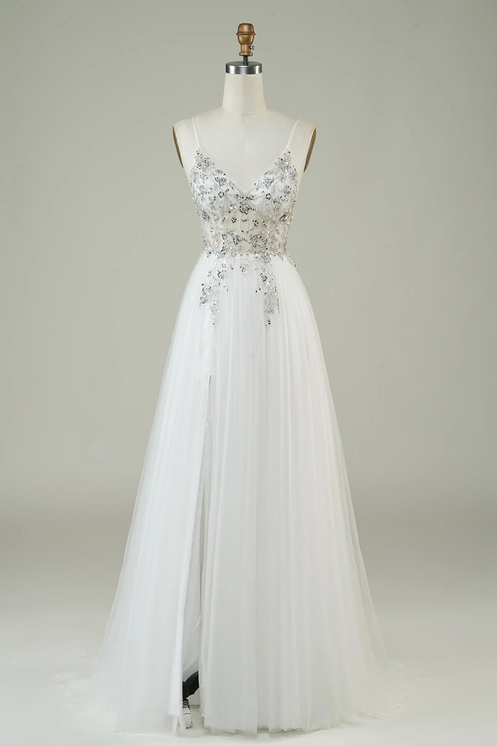 Sparkling A Line Deep V Neck Sleeveless Open Back Floor Length Wedding Dress