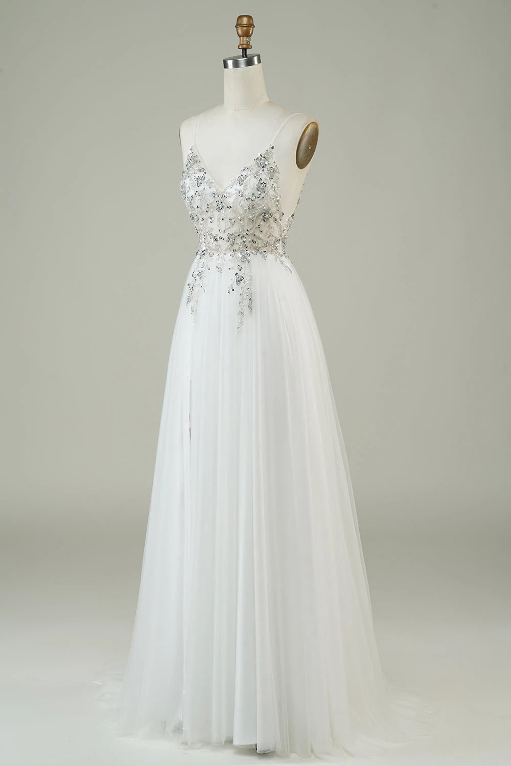 Sparkling A Line Deep V Neck Sleeveless Open Back Floor Length Wedding Dress
