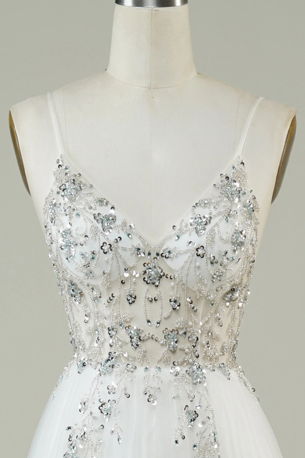 Sparkling A Line Deep V Neck Sleeveless Open Back Floor Length Wedding Dress