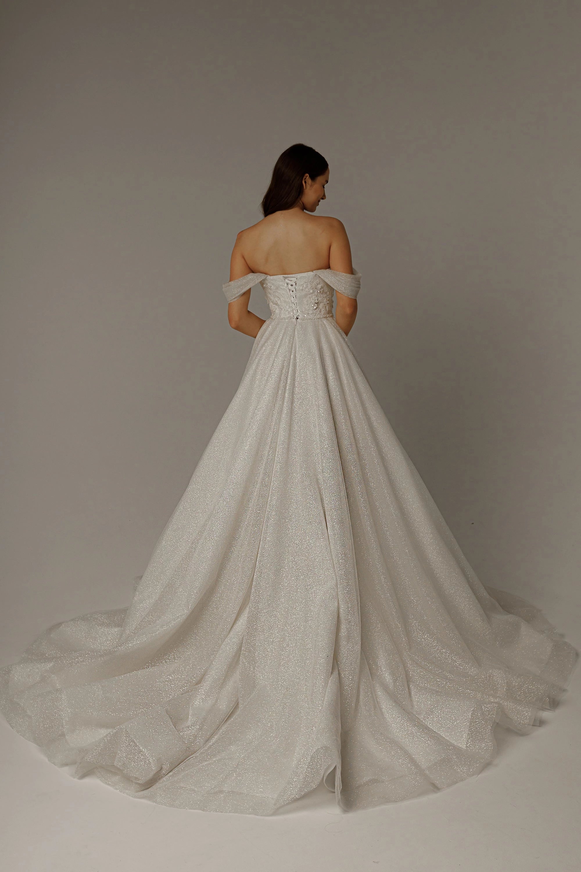 Sparkling A Line Off Shoulder Draped Sleeve Lace Up Back Floor Length Wedding Dress