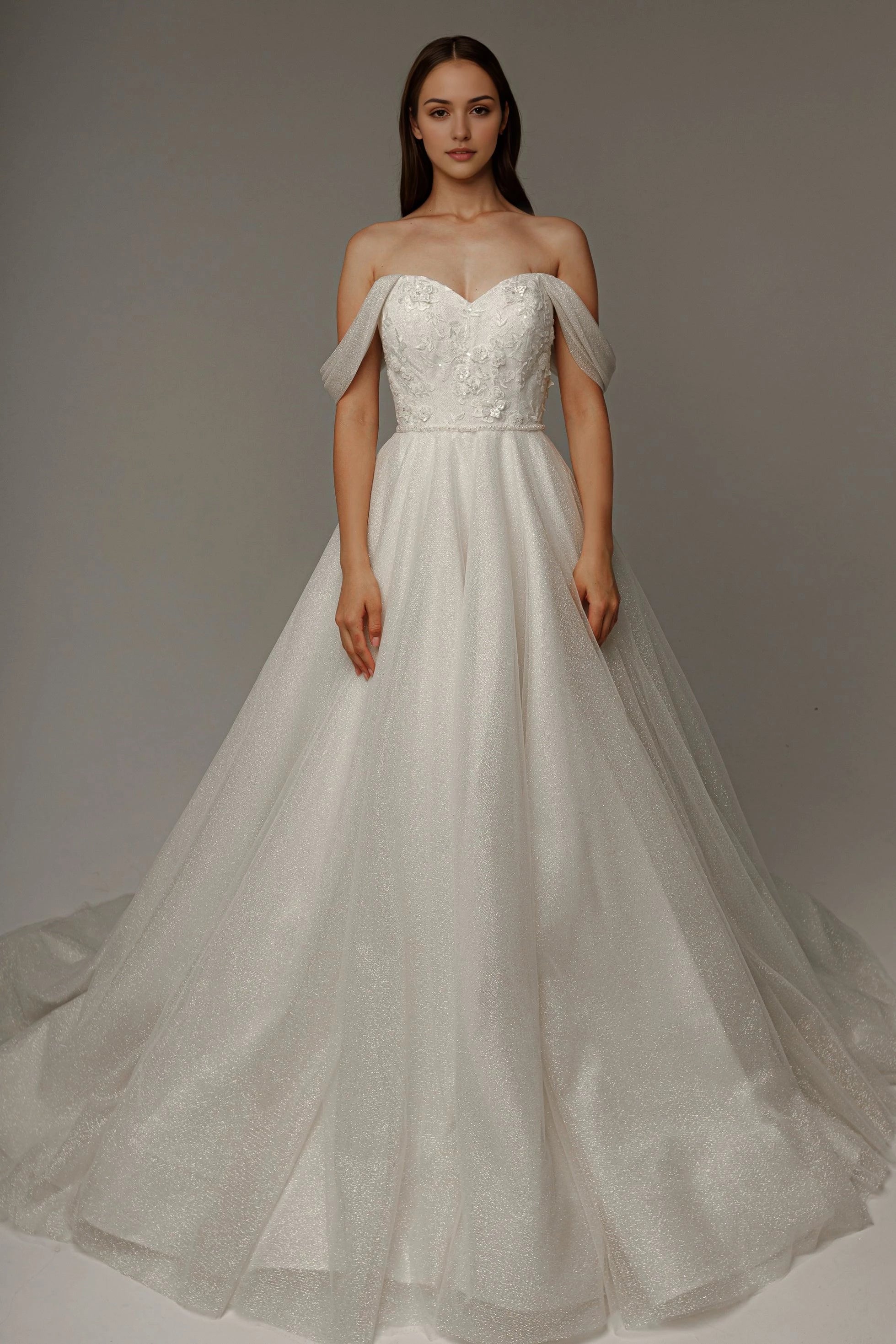 Sparkling A Line Off Shoulder Draped Sleeve Lace Up Back Floor Length Wedding Dress