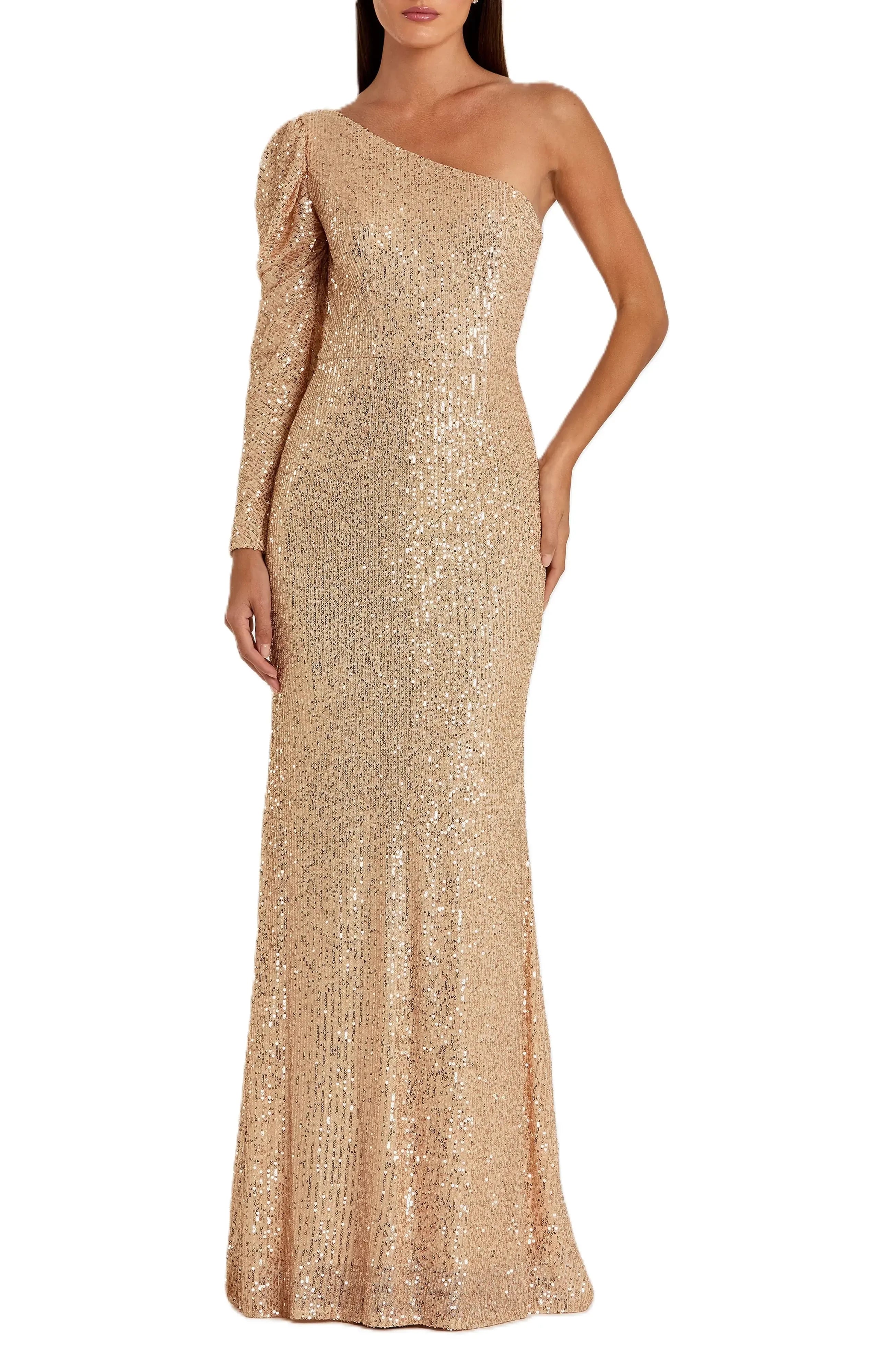 Sparkling Mermaid One Shoulder Long Sleeve Zipper Back Floor Length Evening Dress