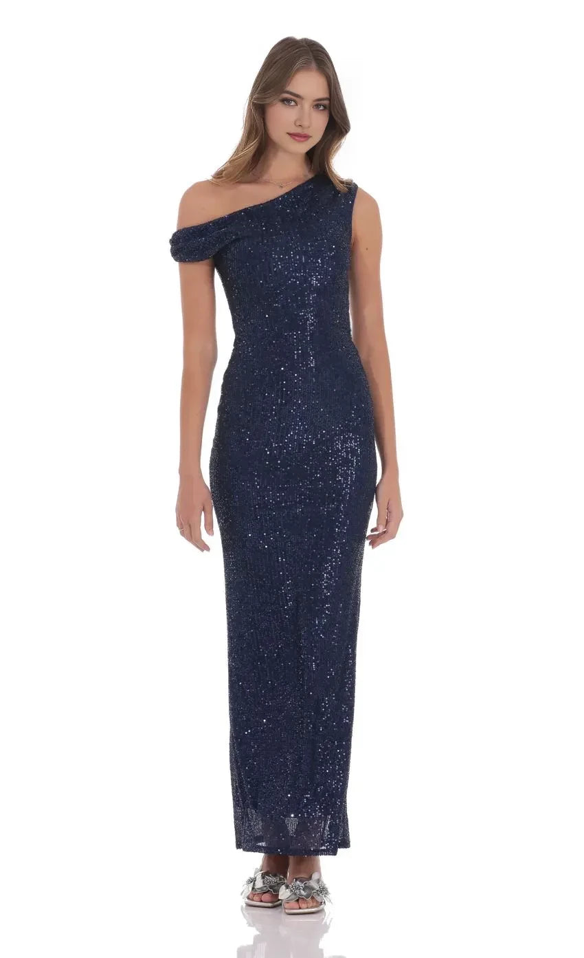 Sparkling Sheath One Shoulder Single Sleeve Plain Back Floor Length Evening Dress