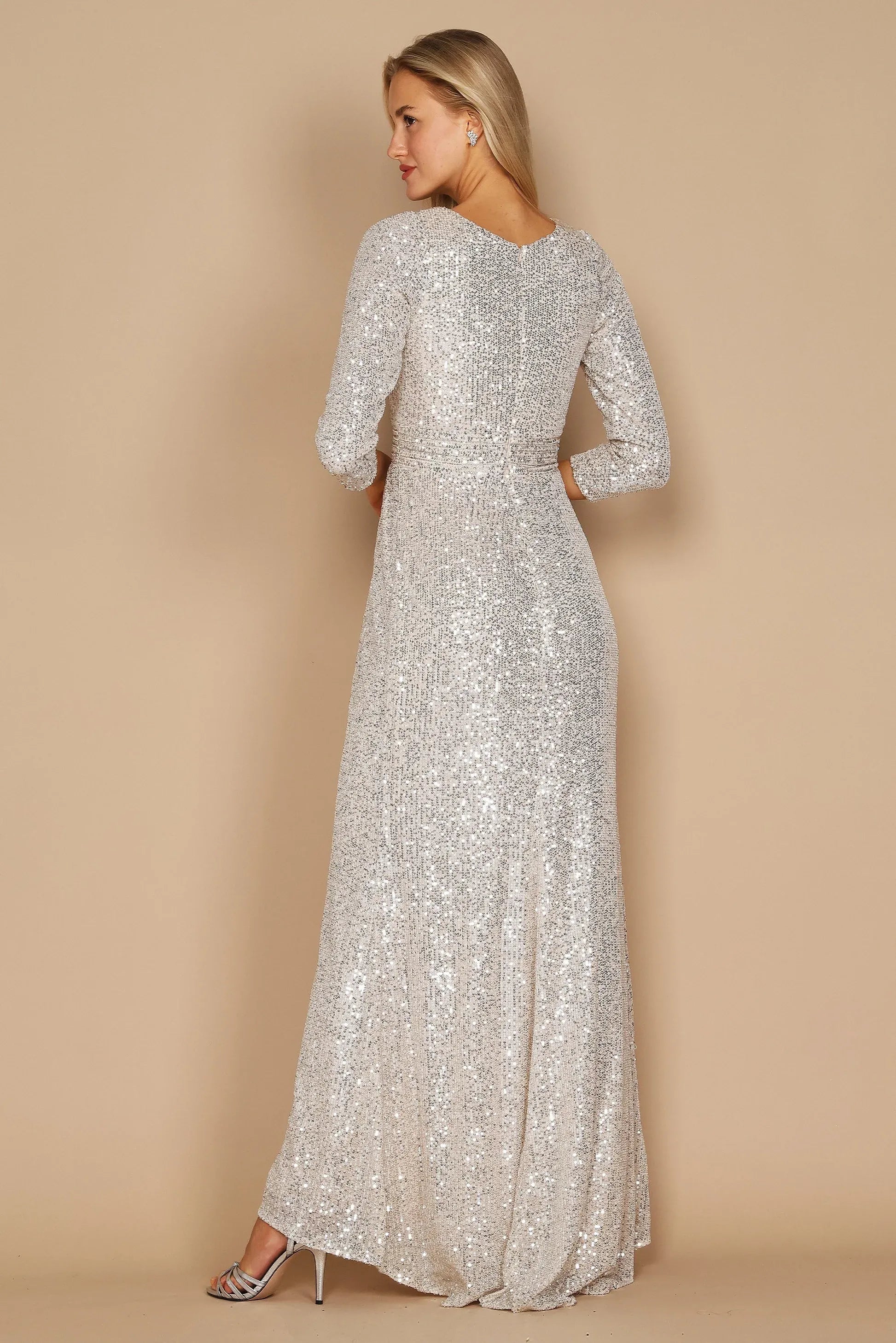 Sparkling Sheath V Neck Three Quarter Sleeve Sequin Embellished Floor Length Plus Size Evening Dress