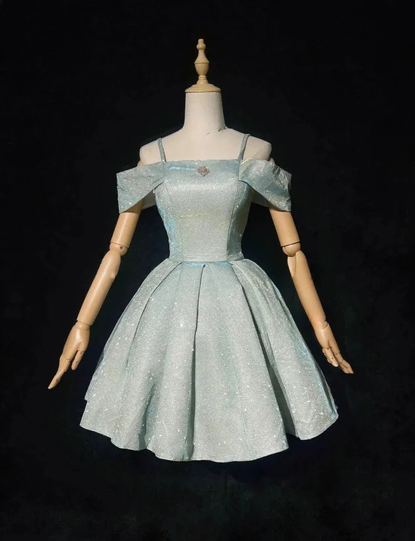 Sparkling Light Blue Sequin Spaghetti Strap Design A-line Satin Prom Dress Party Dress Cocktail Dress Homecoming Dress Evening Dress