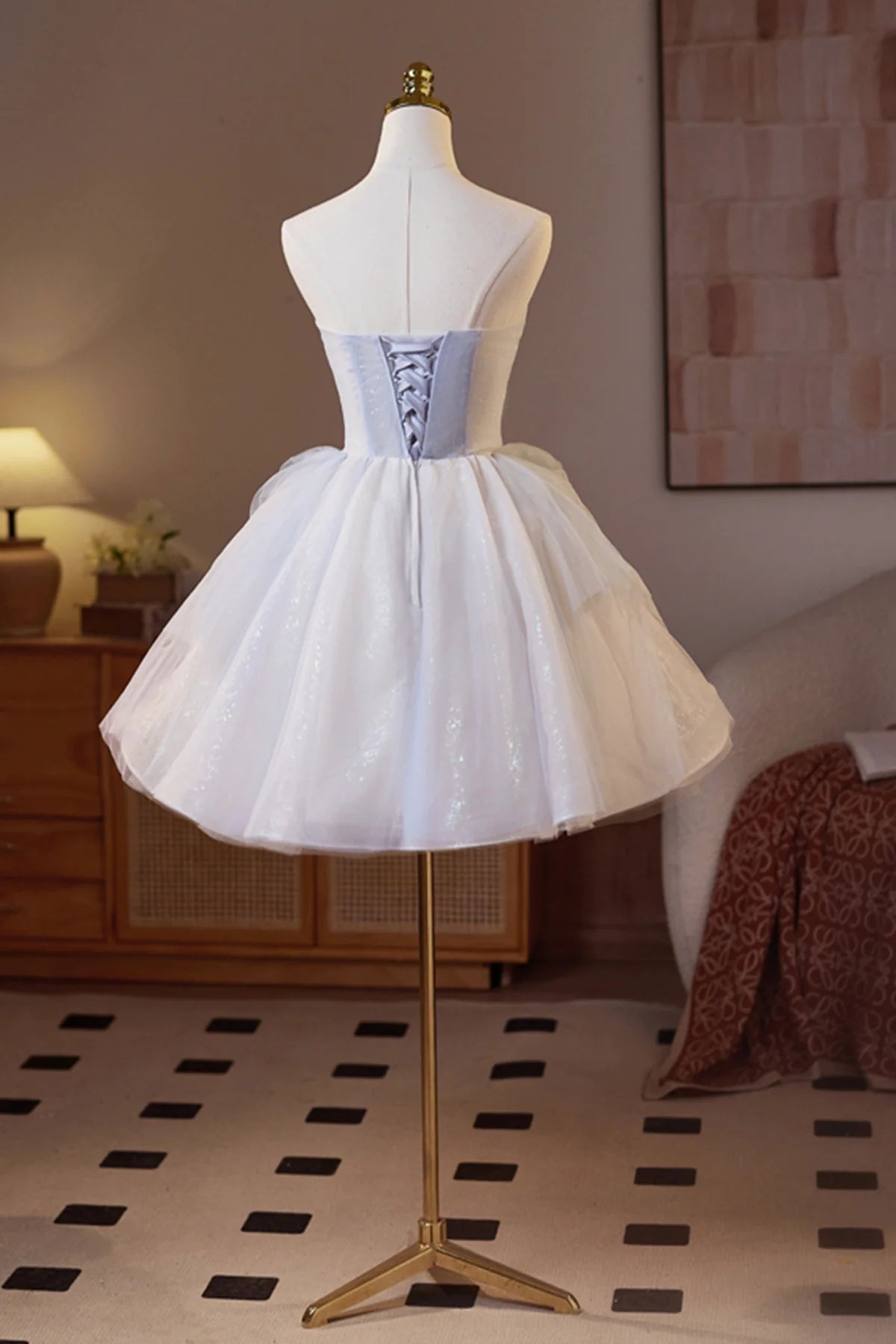 Sparkling Tulle Knee length Prom Dress Beautiful A-Line Strapless Evening Party Dressy Homecoming Dresses