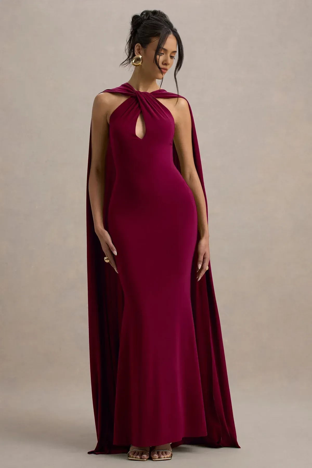 Spellbinding Mermaid Cut Out Neck Cape Sleeve Open Back Floor Length Evening Dress