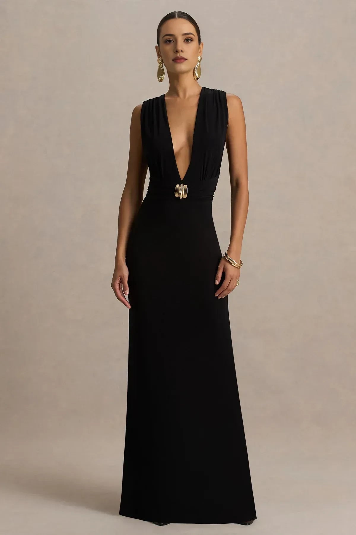 Spellbinding Sheath Plunge Neck Sleeveless Embellished Waist Floor Length Evening Dress