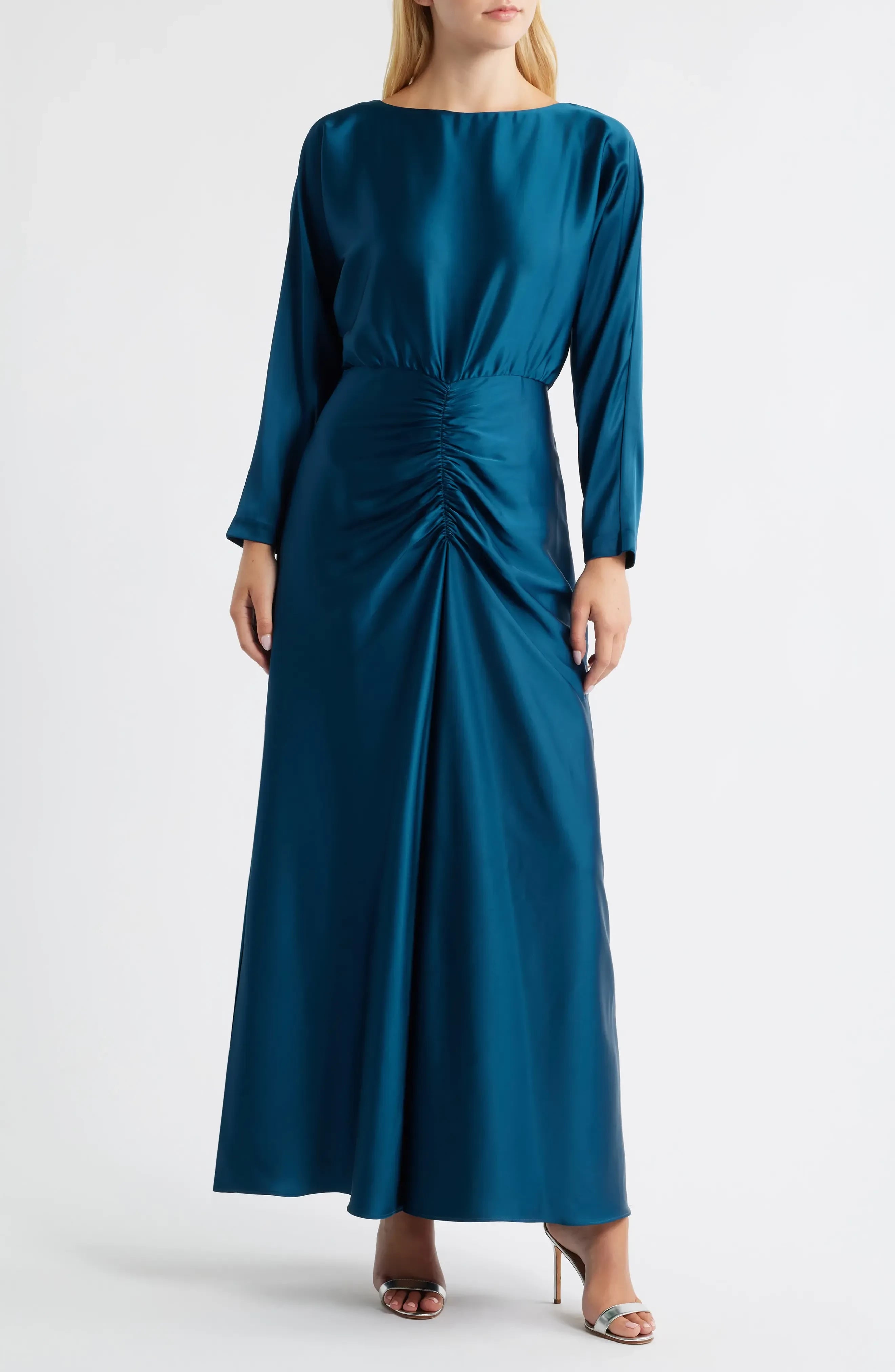 Splendid A Line Boat Neck Long Sleeve Ruched Back Floor Length Evening Dress