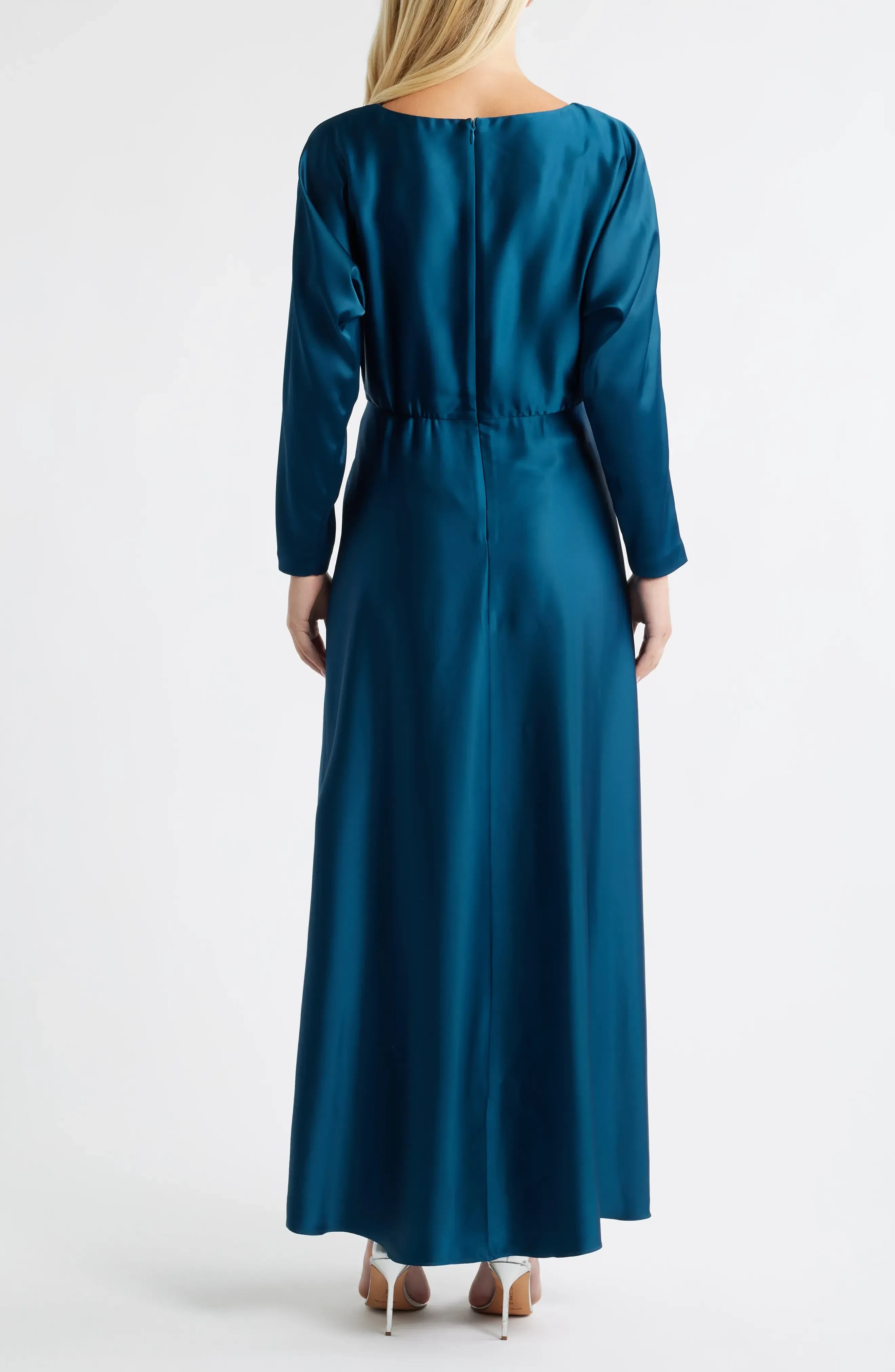 Splendid A Line Boat Neck Long Sleeve Ruched Back Floor Length Evening Dress