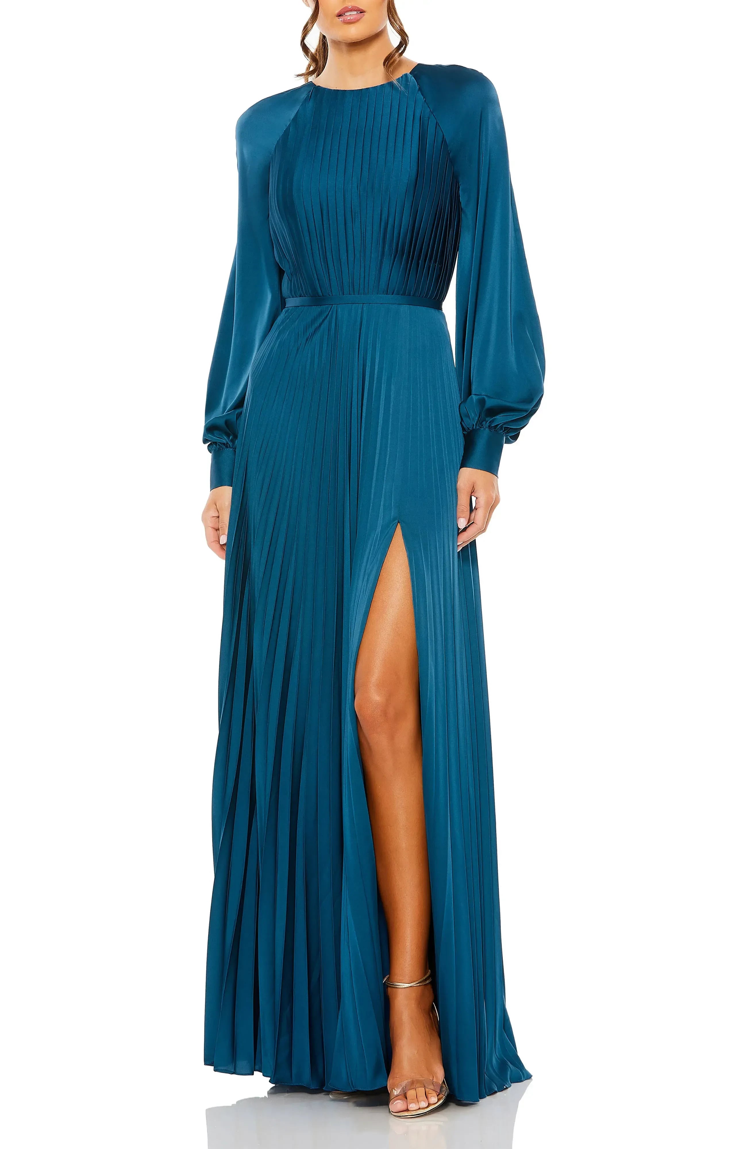Splendid A Line Crew Neck Long Sleeve Pleated Back Floor Length Evening Dress