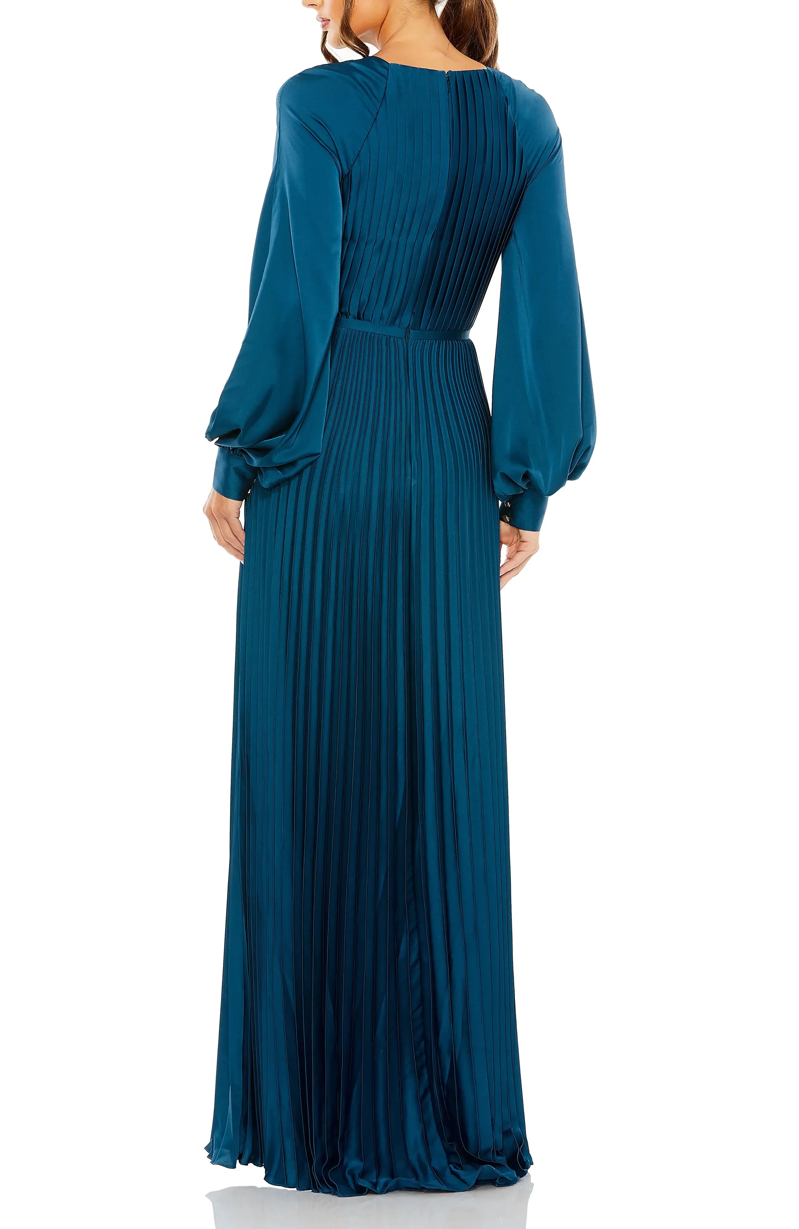 Splendid A Line Crew Neck Long Sleeve Pleated Back Floor Length Evening Dress