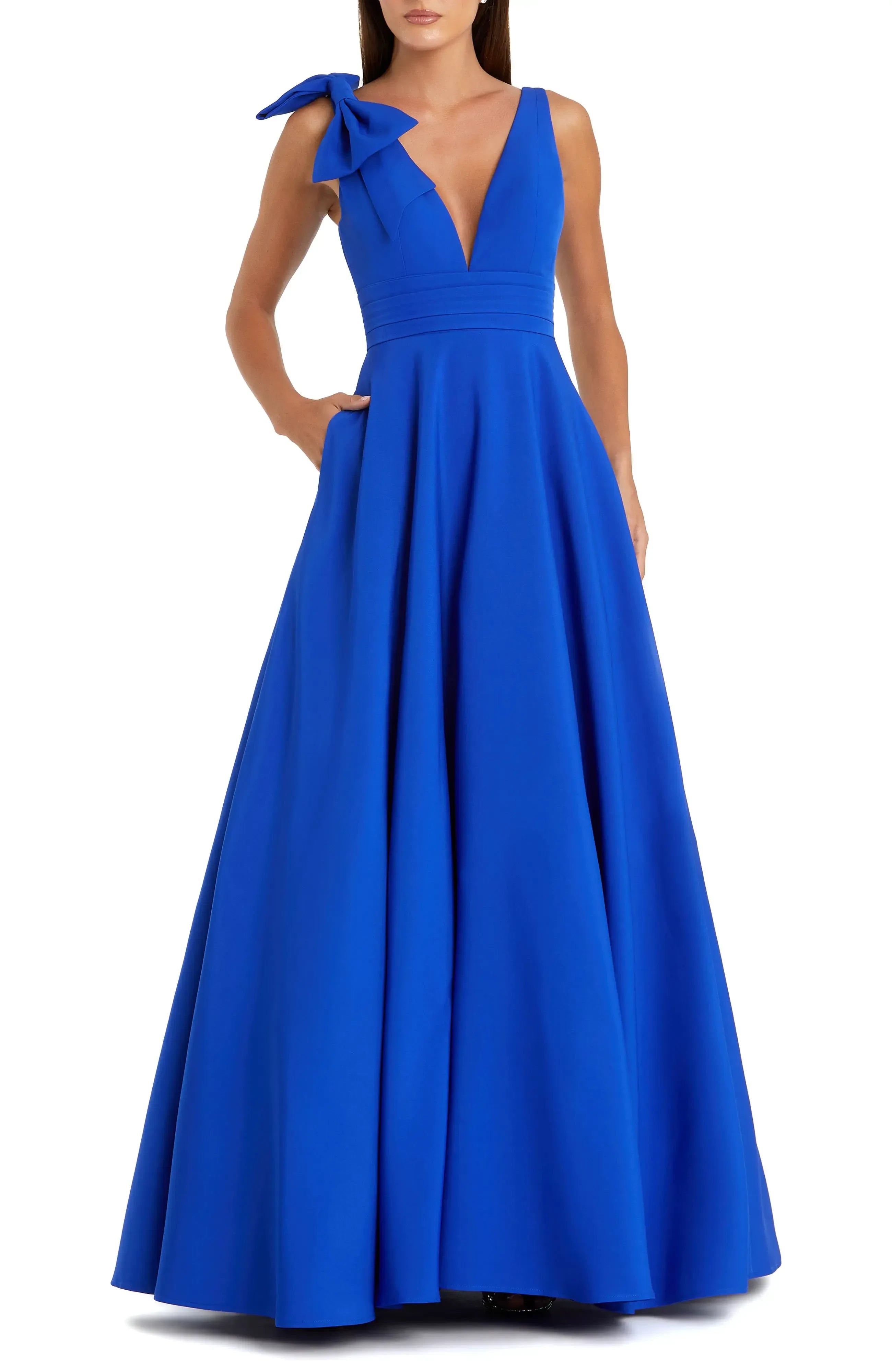 Splendid A Line Deep V Neck Sleeveless Open Back Floor Length Evening Dress