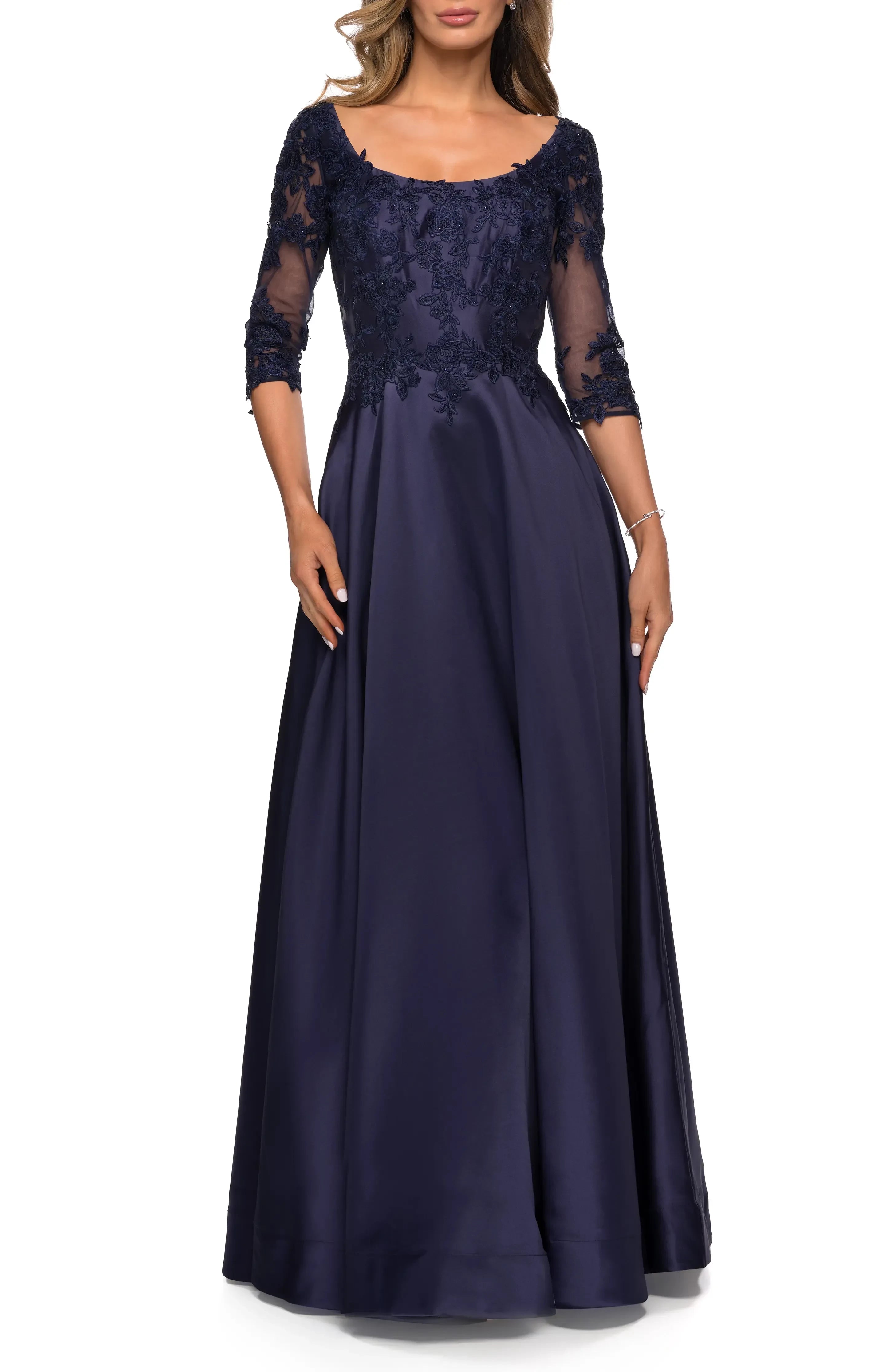 Splendid A Line Scoop Neck Three Quarter Sleeve Lace Back Floor Length Evening Dress